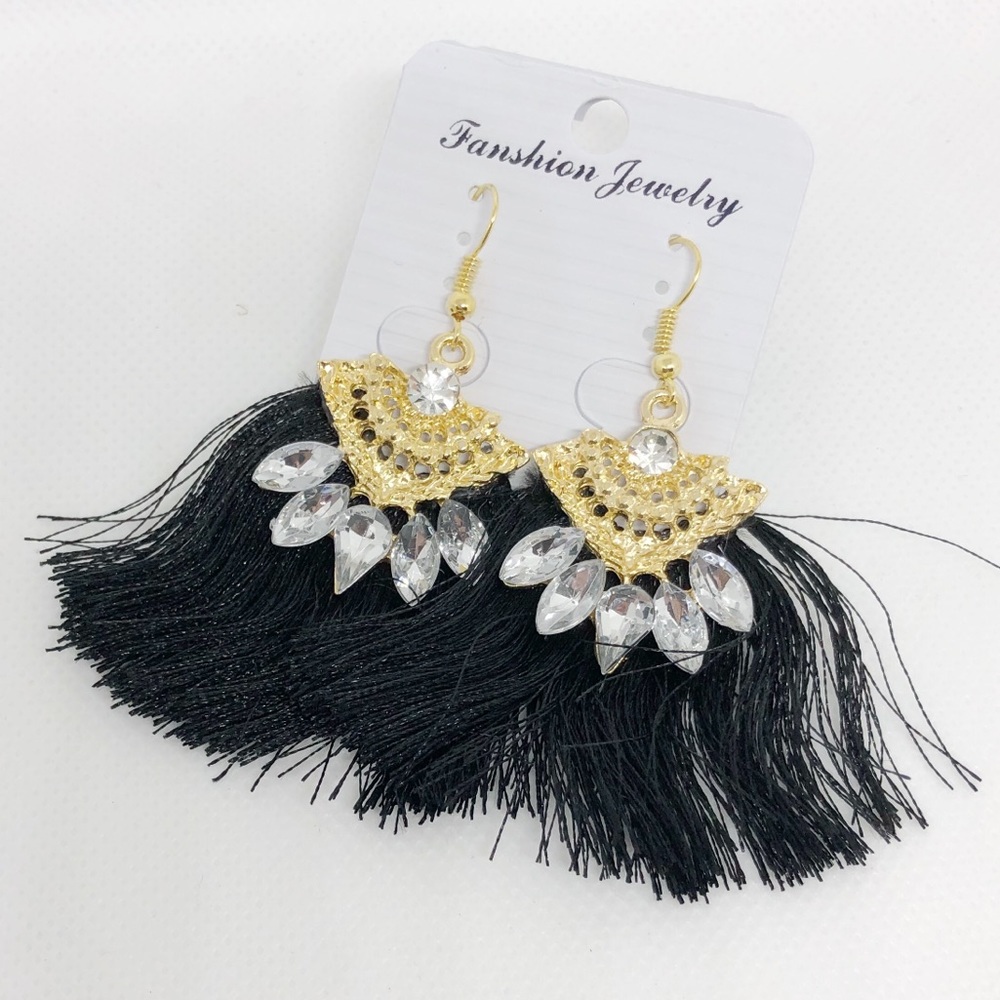 Black Tassel & Rhinestone Earrings